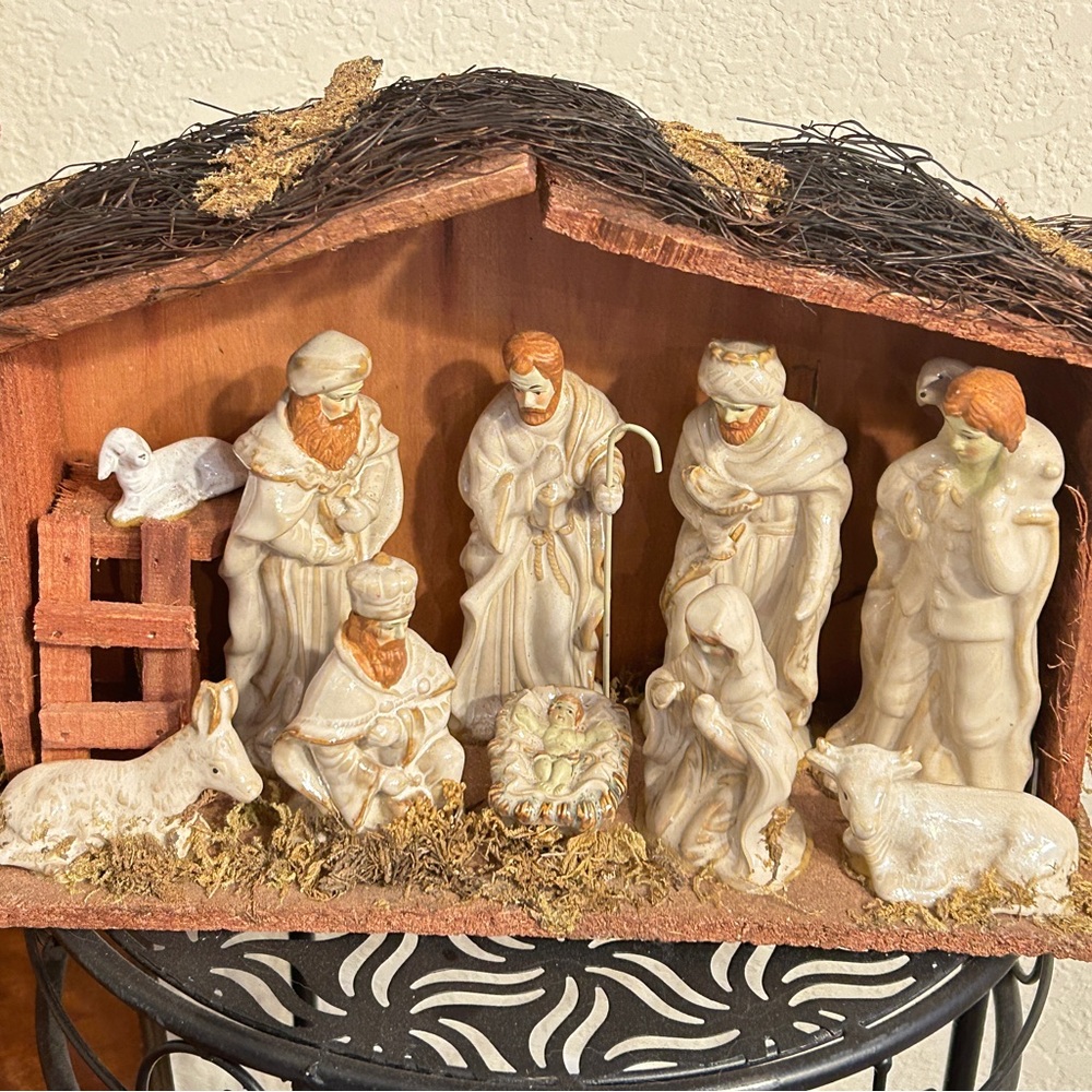 Alco Nativity Scene porcelain fixed figures wooden creche.